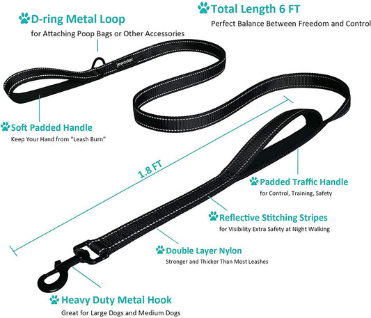 Premium Heavy-Duty Dog Leash with Dual Handles - 6 Feet Long, Padded Traffic Handle for Ultimate Control - Perfect for Medium to Large Dogs (Black)